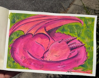 Sleeping Pink Dragon in gouache