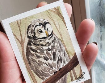 Pintura de búho en acuarela de 2,5 x 3,5 pulgadas
