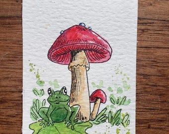 2.5in x 3.5in watercolor frog & mushroom