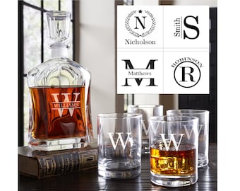 Whiskey Decanter and Double Rocks Glasses Set Personalized w/ Name & Initial | Personalized Decanter Set | Engraved Decanter Set | Bar Gift