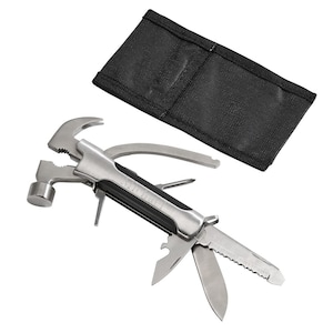 May include: A multi-tool with a hammer, pliers, knife, and other tools. The tool is silver with a black handle and the word "MICHAEL" engraved on the handle. The tool comes with a black nylon carrying case.