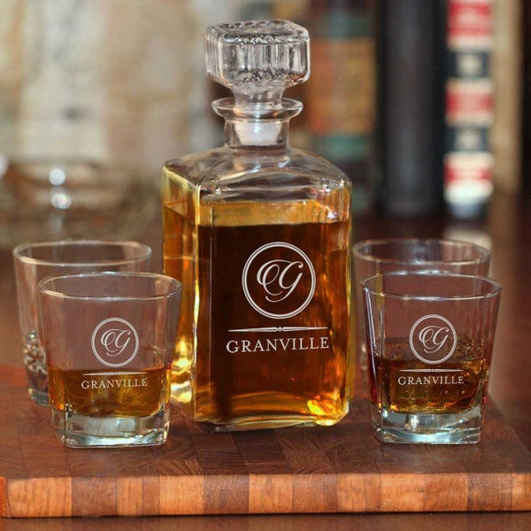 Engraved Glass Whiskey Decanter w/ Last Name and Initial | Liquor Decanter & Rocks Glasses | Custom Bar Gift | Groomsmen Gift | Home Gift