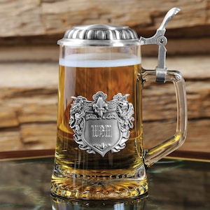 Personalized Medieval Tankard | Unique Gifts for Men | Glass Beer Stein with Lid | Medieval German Beer Mug | Personalized Groomsmen Gifts