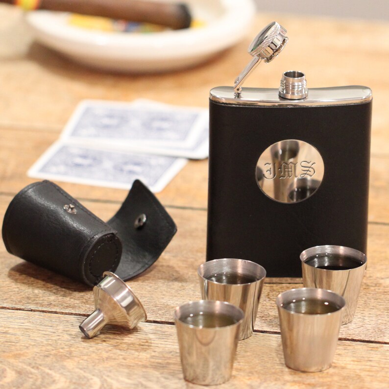 8 Piece Leather Flask Set Personalized Flask & Shot Glasses Etsy
