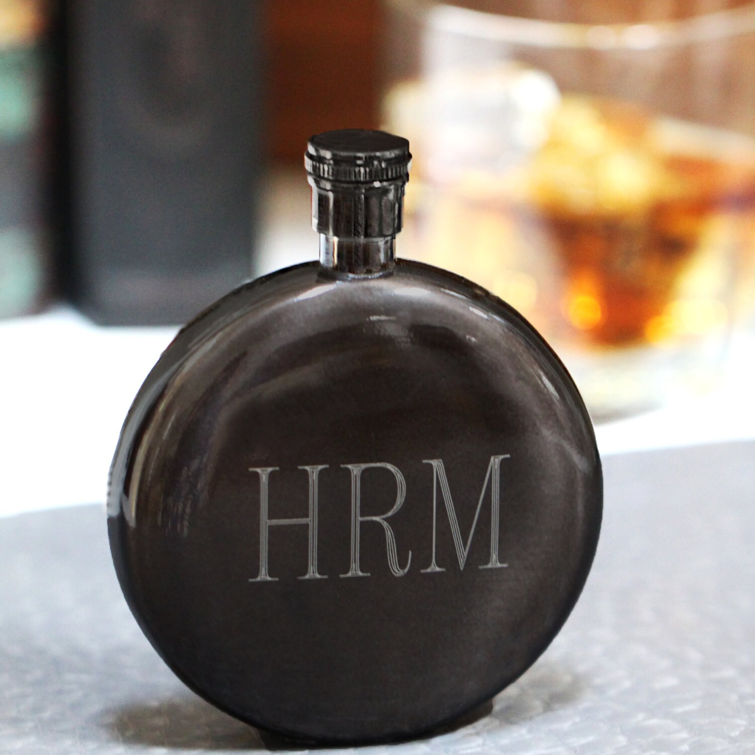 Round Engraved Liquor Flask Personalized Gunmetal Flask for Etsy