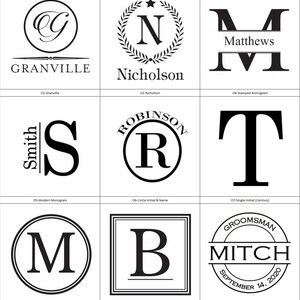 May include: A collage of ten different monogram designs, each featuring a different letter and style. The designs include a circle with a script letter, a wreath with a letter inside, a stamped monogram, a modern monogram, a circle with a letter inside, a single initial, a single initial in a circle, a single initial in a square, a circle with a name and date, and a single initial with a name and date.