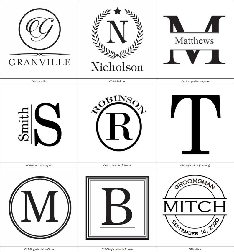 May include: A collage of ten different monogram designs, each featuring a different letter and style. The designs include a circle with a script letter, a wreath with a letter inside, a stamped monogram, a modern monogram, a circle with a letter inside, a single initial, a single initial in a circle, a single initial in a square, a circle with a name and date, and a single initial with a name and date.