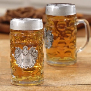 Oktoberfest Beer Tankard | Glass Tankard w/ Engravable Crest | Personalized Gifts for Men Groomsmen Father Beer Lover | Free Personalization