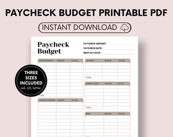May include: Printable Paycheck Budget PDF in three sizes: A4, A5, and letter. The budget sheet includes sections for fixed expenses, savings, sinking funds, variable expenses, debt, and a summary section.