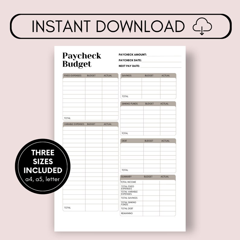 PAYCHECK Budget Overview Template Printable, Budget Binder, Budget ...