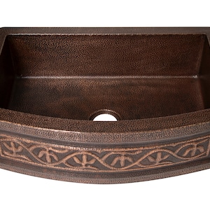 Farmhouse Kitchen Copper Sink with Curved Apron and cacti design in Sanded Copper finish - 33 x 22 x 9&quot; - KS070SC