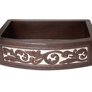 Farmhouse Kitchen Copper Sink with Curved Apron and silver design in Cafe Viejo - 33 x 22 x 9&quot; - KS069CV