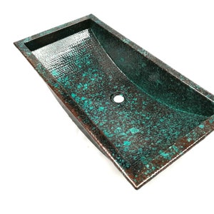 HOCKNEY in OXIDIZED COPPER -Trough Undermount or Drop-In Bathroom Copper Sink with 1.0" Flat Rim - 26 x 13 x 6" - Thick Gauge 14 - (VS042OC)