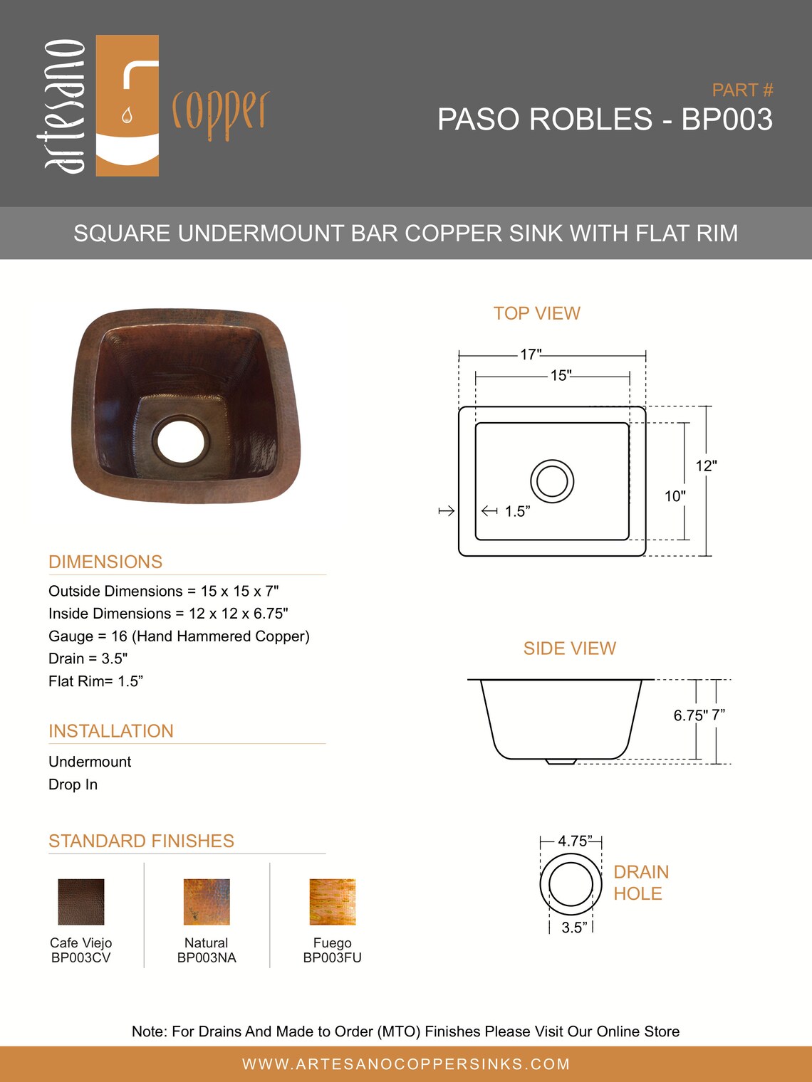 PASO ROBLES in Fuego Square Undermount Bar Copper Sink With Etsy