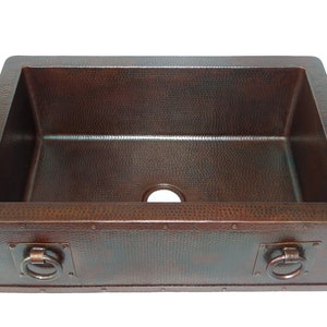 Kitchen Copper Sink - FARMHOUSE with Straight Apron and rings in Cafe Viejo - Single Basin - 33 x 22 x 10.5&quot; - (KS010CV)