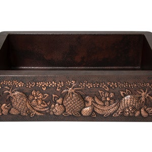 Farmhouse Kitchen Copper Sink with Straight Apron and fruits design in Cafe Viejo - 33 x 22 x 9&quot; - KS064CV