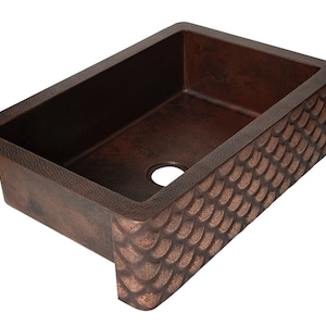 Farmhouse Kitchen Copper Sink with Straight Apron and scales design in Cafe Viejo - 33 x 22 x 9&quot; - KS065CV