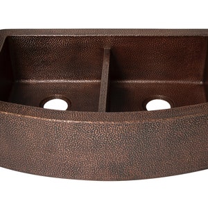 Farmhouse 50/50 Kitchen Copper Sink with CURVED APRON in Sanded Copper finish - 33 x 22 x 9&quot; - KS071SC