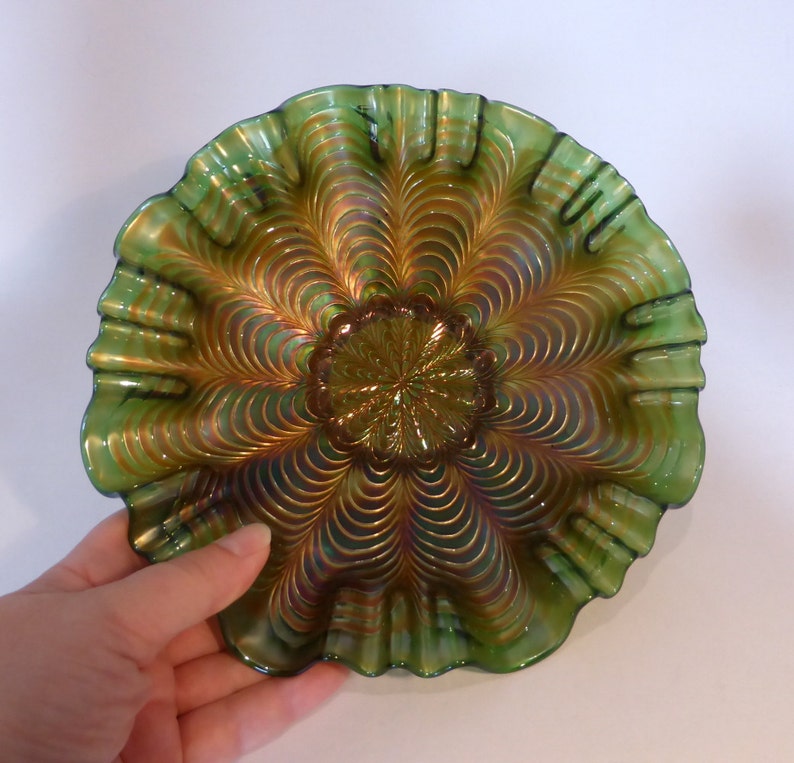 Vintage Fenton Carnival Glass Peacock Tail Fluted Bowl Etsy