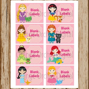 INSTANT DOWNLOAD- PRINCESS Blank Labels- 8 Princess Labels-Treat Bag Labels- Name Tags- Gift Tags-8.5 x 11 size-Print Your Own-Digital