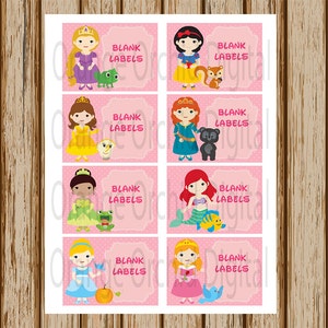 INSTANT DOWNLOAD- PRINCESS Blank Labels- 8 Princess Labels-Treat Bag Labels- Name Tags- Gift Tags- 8.5 x 11 size- Print Your Own- Digital