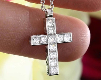 White gold diamond cross necklace with 16&quot; Chain. Princess cut diamond pendant.  Gift Idea For Her, Ornamental Diamond Cross