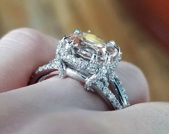 Unique White Gold Cushion Morganite and Diamond Halo Engagement Ring (available in white gold, yellow gold and platinum)