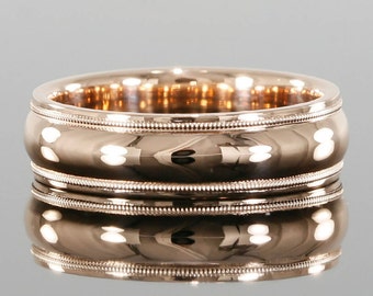 6.5mm 14k Rose Gold Wedding Band - Comfort Fit Milgrain Design