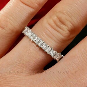 Princess and baguette cut eternity wedding band. Gold anniversary band stacking diamond ring.  Wedding band women diamond baguette cut ring.