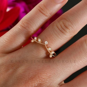 Unique dainty floral stackable band ring in 14k rose gold. Dainty floral wedding ring with diamonds. Floral diamond band.
