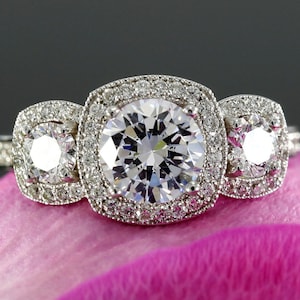 Moissanite Three Stone Halo Engagement Ring. White gold halo diamond ring setting. Forever One moissanite 3 stone ring. Anniversary ring image 1