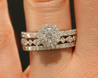 Wedding set Moissanite ring Halo engagement ring set Wedding band set Wedding ring White gold ring Stacking ring Forever One Moissanite