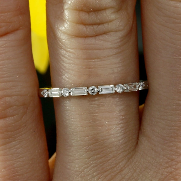 Baguette Lab Grown Diamond Wedding Band Halfway Wedding Ring Baguette Ring Stacking Ring Diamond Dainty Ring White Gold Ring Minimalist Ring