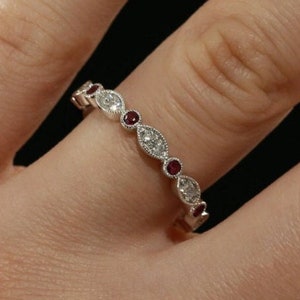 Ruby Diamond Band in 14k White Gold. Scalloped wedding ring ART DECO ring style. July Birthstone gemstone ring.