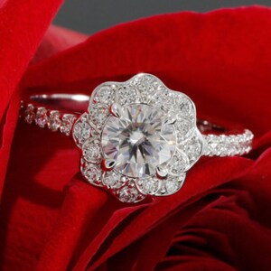 May include: A silver engagement ring with a large round diamond surrounded by smaller diamonds set in a flower-shaped halo. The ring is resting on a red rose.