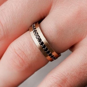 Men&#39;s 6mm Black Diamond Wedding Band in 14k Gold – Matte Finish Gold Ring, Modern Men&#39;s Engagement Ring, Unique Alternative Wedding Band