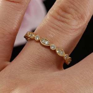 Round Diamond Three-Quarter Eternity Wedding Band with Milgrain Design in 14k Yellow Gold. Romantic marquise and round diamond band.