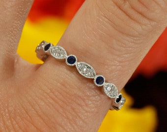 Natural Blue Sapphire And Diamond Wedding Band with Milgrain in 14k White Gold, Bezel Set (avail. rose gold, yellow gold and platinum)