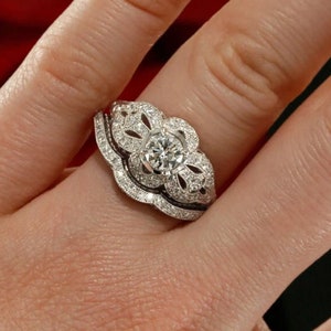 Antique Style Diamond Engagement Set with Milgrain. Low profile antique style engagement ring with wedding band. White gold diamond ring