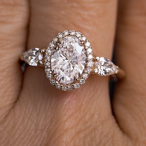 IGI Certified Oval Lab-grown diamond engagement ring. Three stone Diamond Halo Engagement Ring. Lab created diamond ring. Made to order.