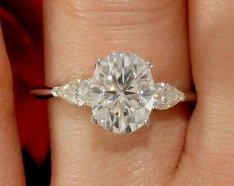 Oval Pear Lab Grown Diamond Engagement Ring: 14k White Gold Three Stone