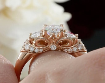 Three Stone Round Near Colorless Forever One Moissanite Engagement Ring with Diamonds, Three Stone Rose Gold Moissanite Ring