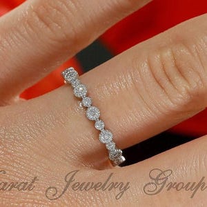 Eternity Diamond Bezel Set Wedding Band With Milgrain in 14k White Gold, Wedding Ring. Antique style Romantic diamond band.