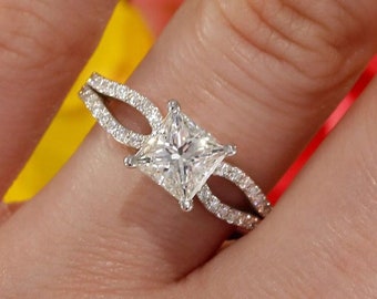 Princess Cut Engagement Ring in 14K White Gold. Forever One Moissanite princess cut solitaire ring. Diamond split shank engagement ring.