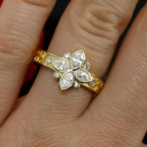 Engagement Diamond Ring with Marquise Cut Diamonds, Bezel set Ring, Celtic Diamond Ring. Promise ring. Marquise Diamond Clover Ring.
