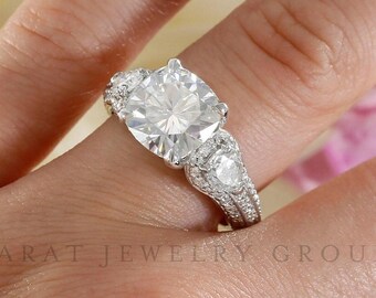 9mm Cushion Forever One Moissanite Engagement Ring in 14K White Gold, Near Colorless Forever One Solitaire Ring, Pear Shape Moissanite Ring