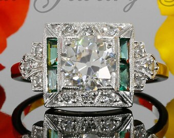 7mm Antique Style Forever One Moissanite and Diamond Engagement Ring with Emeralds, Art Deco Style (avail. rose, yellow gold and platinum)