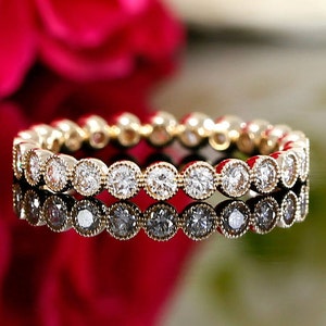 Rose gold Eternity Diamond Bezel Set Wedding Band, Diamond Weddign Ring, Milgrain Diamond Band, Bezel Set Band, Diamond Ring, Stackable Ring