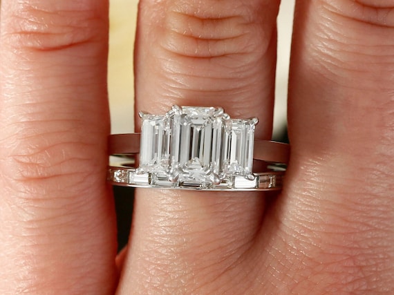 Moissanite Emerald Engagement Ring Set Forever One Emerald Etsy