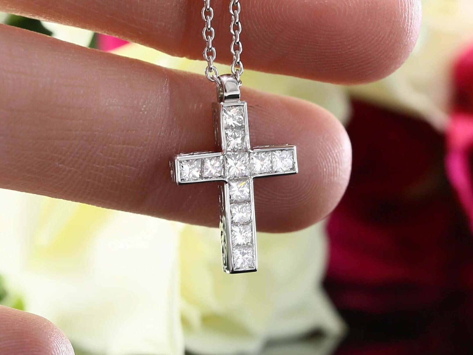 White Gold Diamond Cross Necklace With 16 Chain. Princess Cut Diamond Pendant. Christmas and Anniversary Gift Idea Etsy